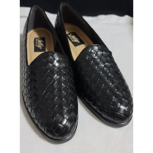 Vintage Selly Black Leather Woven Dianna Flats 7 3/5 A Slip On New Without Box - Picture 1 of 6